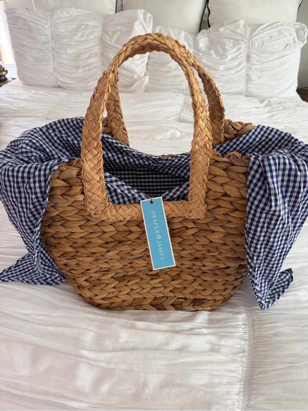 Draper James Reese Straw Tote Natural Woven Beach Bag Blue Gingham Lining NWT - Picture 8 of 10